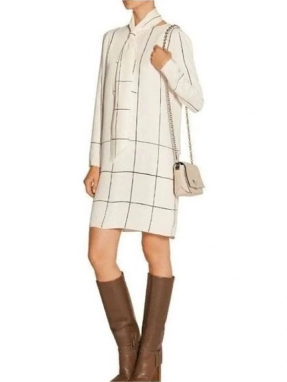 Tory Burch Cream and Black Windowpane Long Sleeve Shift Dress